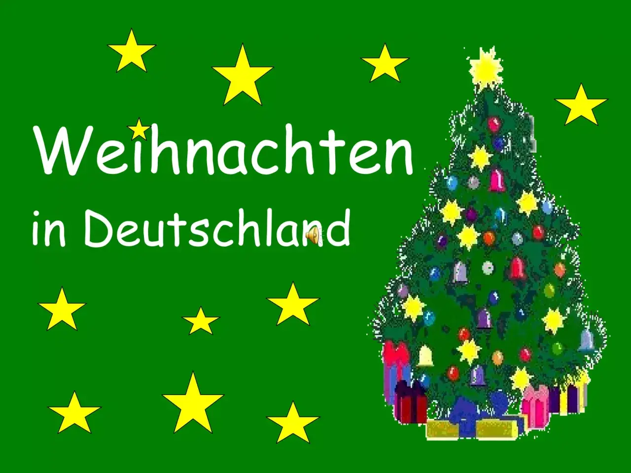 Weihnachten in Deutschland: Ein festlich geschmückter Weihnachtsbaum mit Geschenken und Sternen.