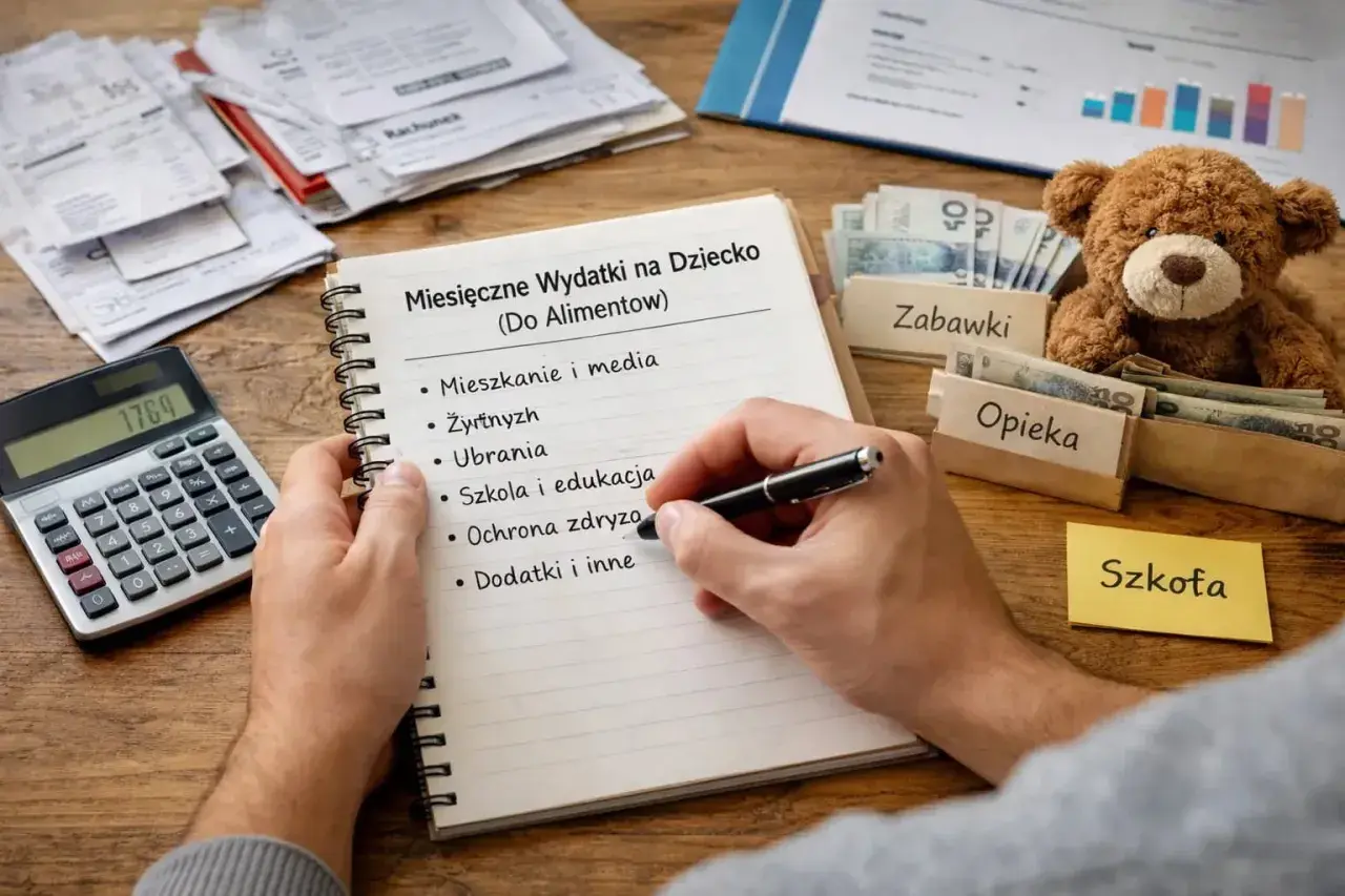 Zestawienie wydatków na dziecko wzór: lista obejmuje mieszkanie, żywność, ubrania, szkołę, opiekę i dodatki. Obok notatnika leży kalkulator i pieniądze.
