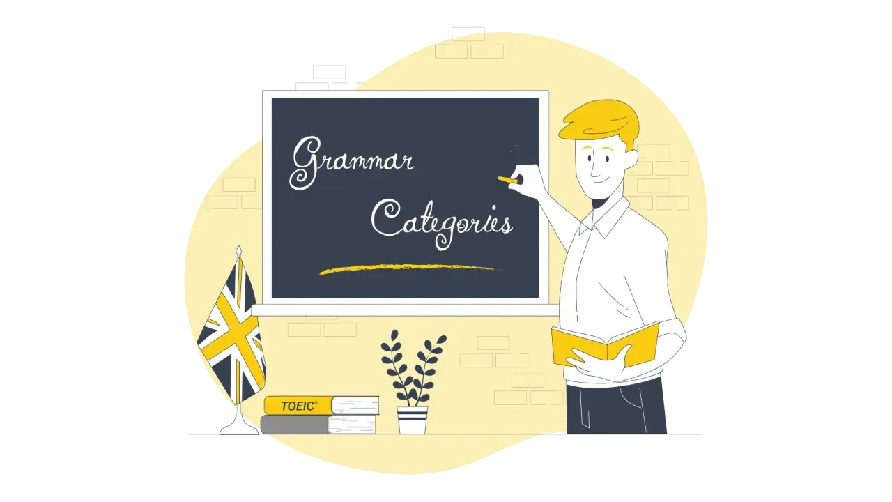 Un insegnante scrive "Grammar Categories" su una lavagna. Accanto, una bandiera britannica e libri, tra cui uno con la scritta "TOEIC". Utile per studiare le preposizioni in inglese.