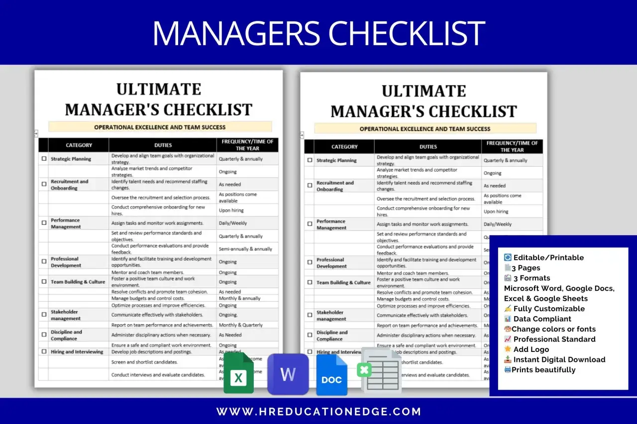 A manager's checklist for operational excellence and team success, detailing duties and frequency. Editable and printable.