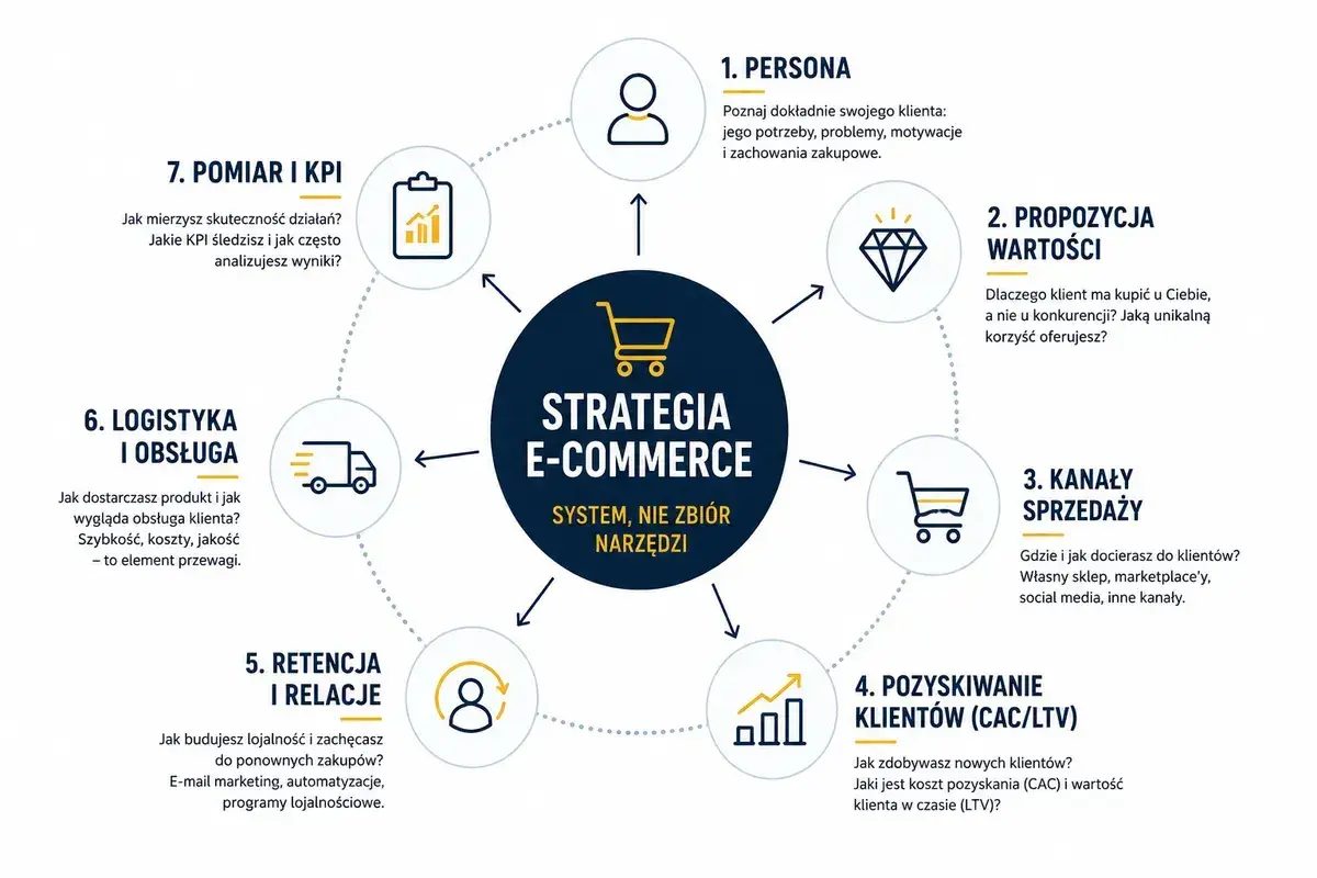 Schemat strategii e-commerce: od persony klienta, przez propozycję wartości, kanały sprzedaży, pozyskiwanie i retencję klientów, logistykę, po pomiar KPI. Klucz do skutecznej sprzedaży online.