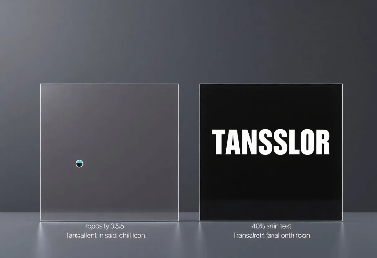 Deux panneaux : l'un transparent avec un petit cercle bleu et blanc, l'autre noir avec le mot "TANSSLOR" en blanc. Illustration de la transparence CSS.
