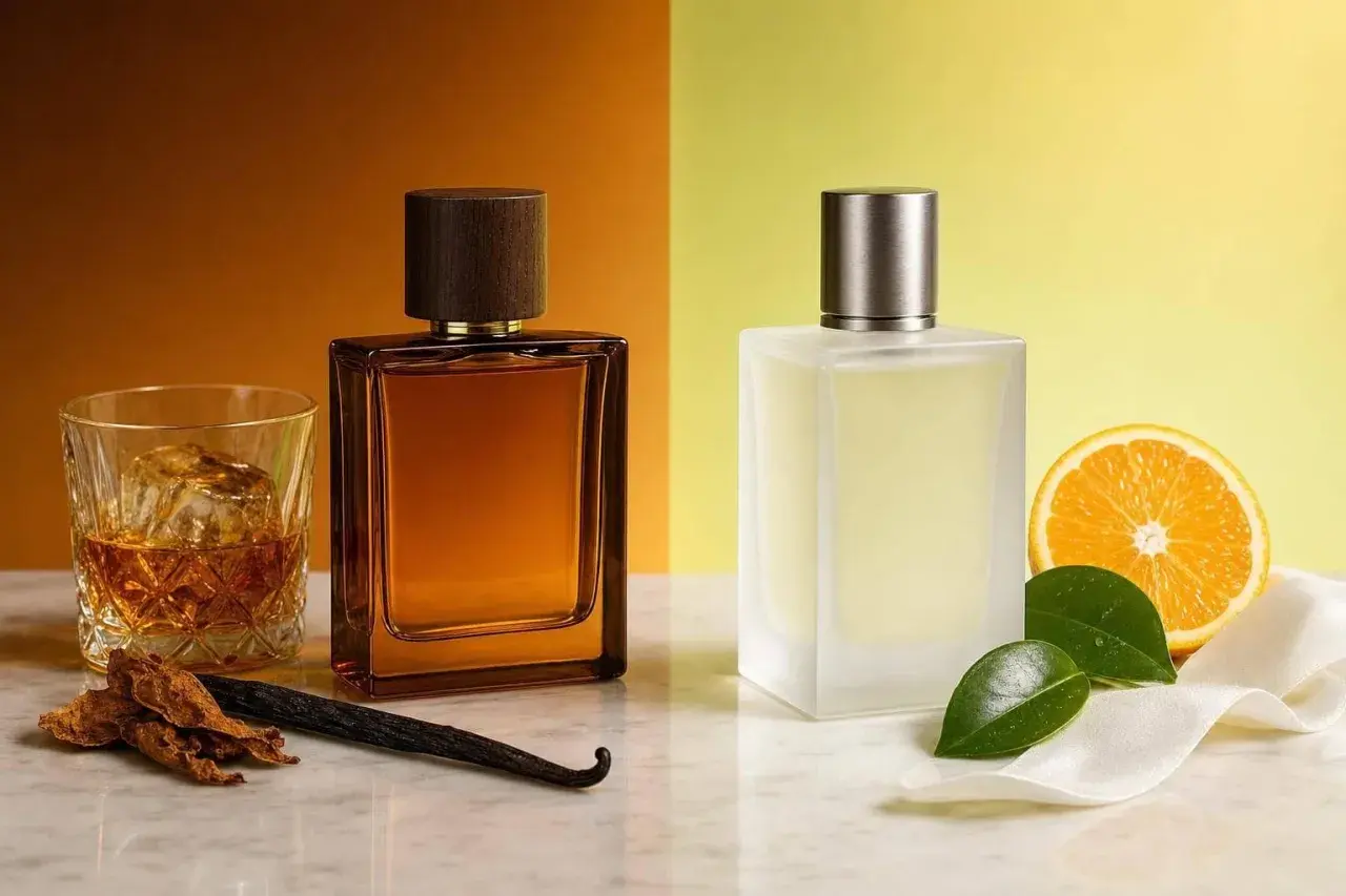 Dwa flakony perfum: jeden bursztynowy z drewnianą nakrętką, obok szklanka whisky i laska wanilii, drugi matowy, z metalową nakrętką, obok plaster pomarańczy i liście. Zapach erba gold.