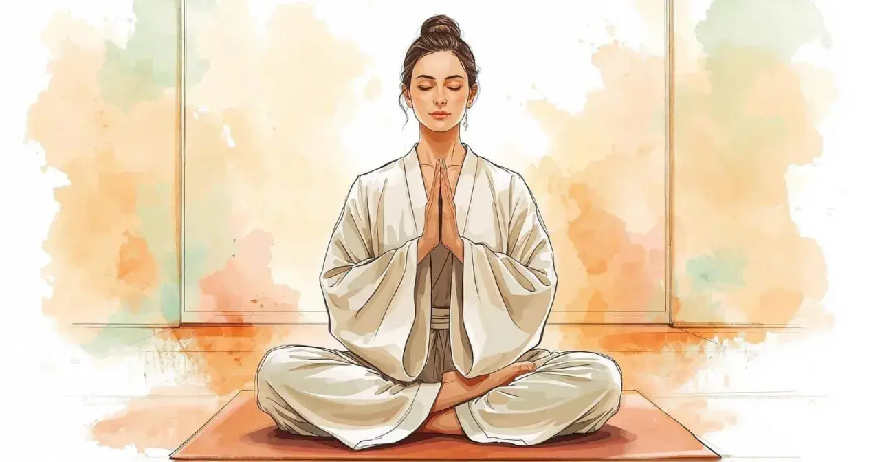 Donna in meditazione, con le mani giunte, vestita di bianco, evoca la pace del Tao Te Ching.