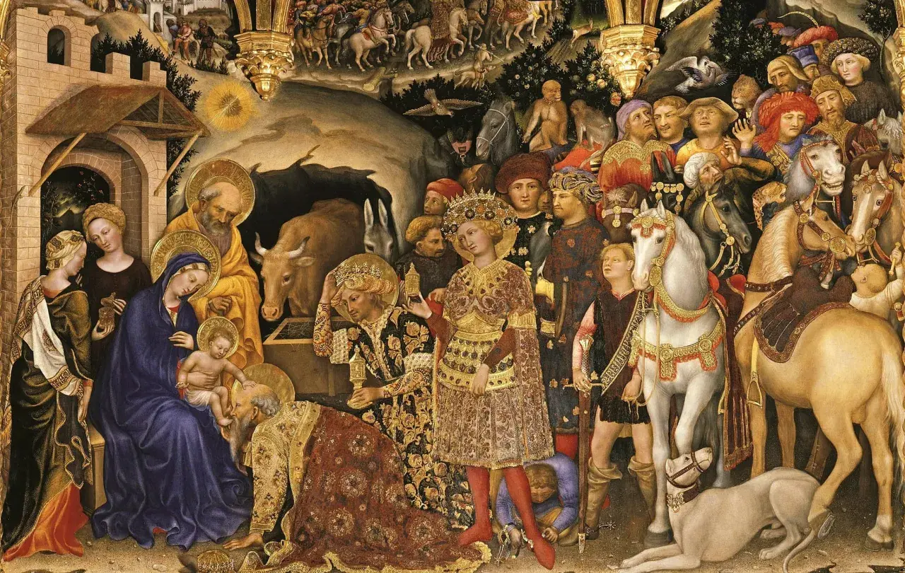 A famous medieval art piece depicting the Adoration of the Magi. Mary holds baby Jesus, with Joseph and onlookers present. Kings offer gifts, surrounded by horses and a dog.