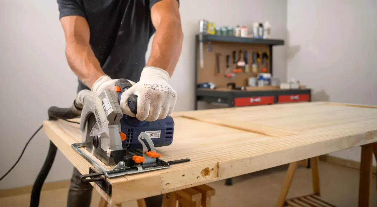Hombre con guantes usa sierra circular para cortar una puerta de madera. Aprende como enderezar una puerta de madera con esta técnica.