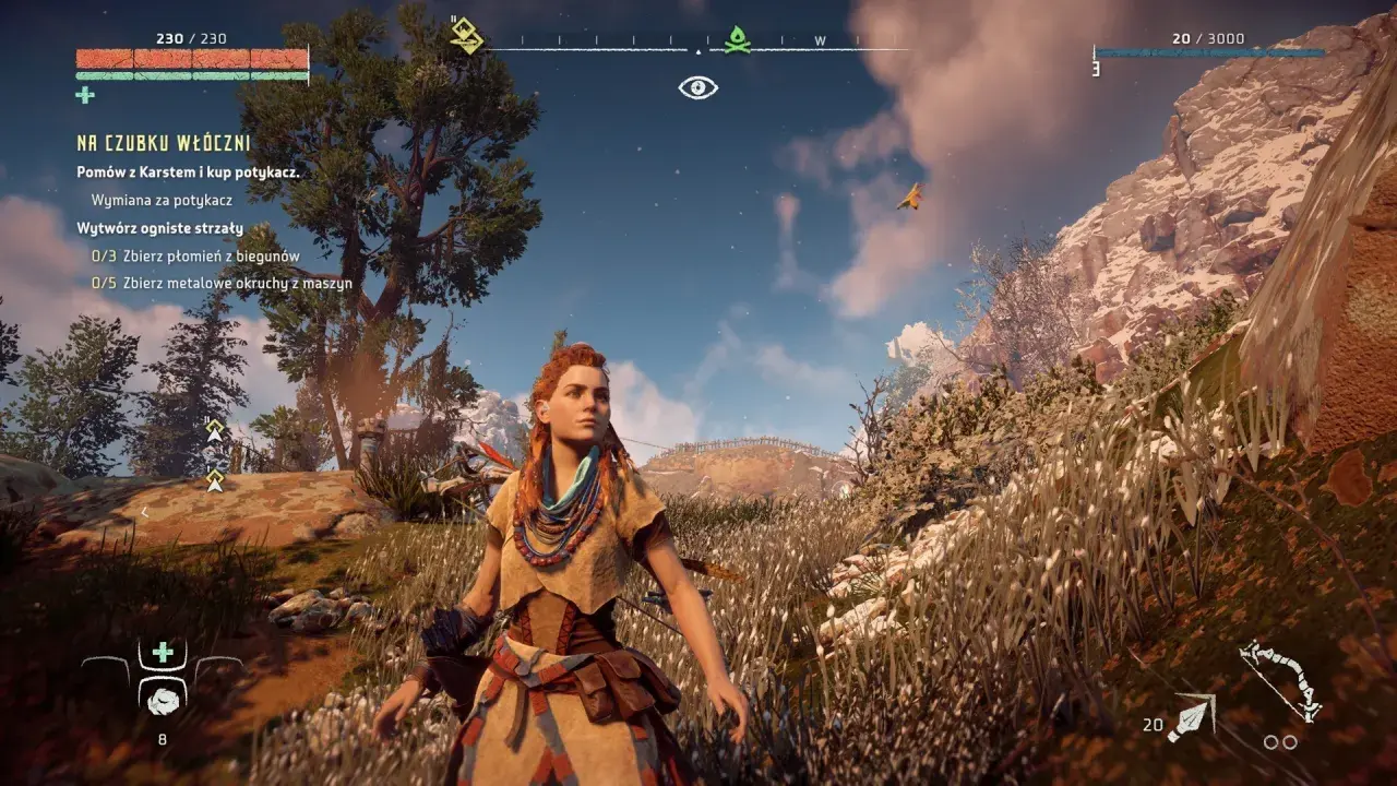 Aloy w Horizon Zero Dawn PC przemierza malowniczy świat, zbierając zasoby i walcząc z maszynami.