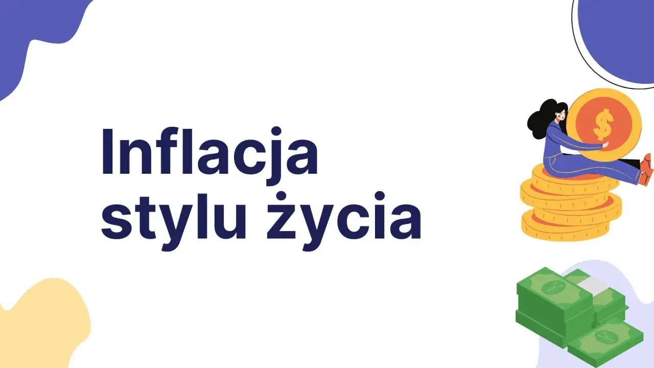 Kobieta siedzi na stosie monet, symbolizując inflację stylu życia. Obok stosy zielonych banknotów.