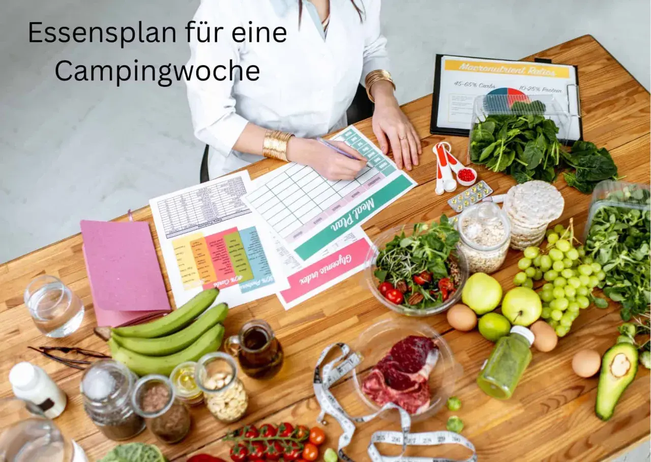 Essensplan für eine Campingwoche mit frischen Lebensmitteln und einer Liste zur Planung.
