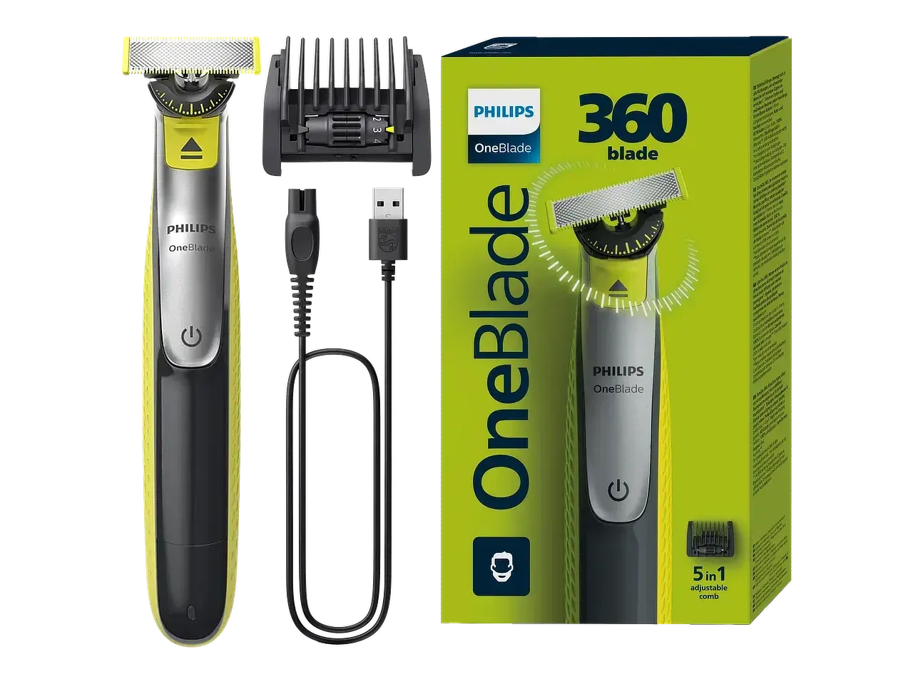 Golarka Philips OneBlade z nasadką, kablem USB i opakowaniem.