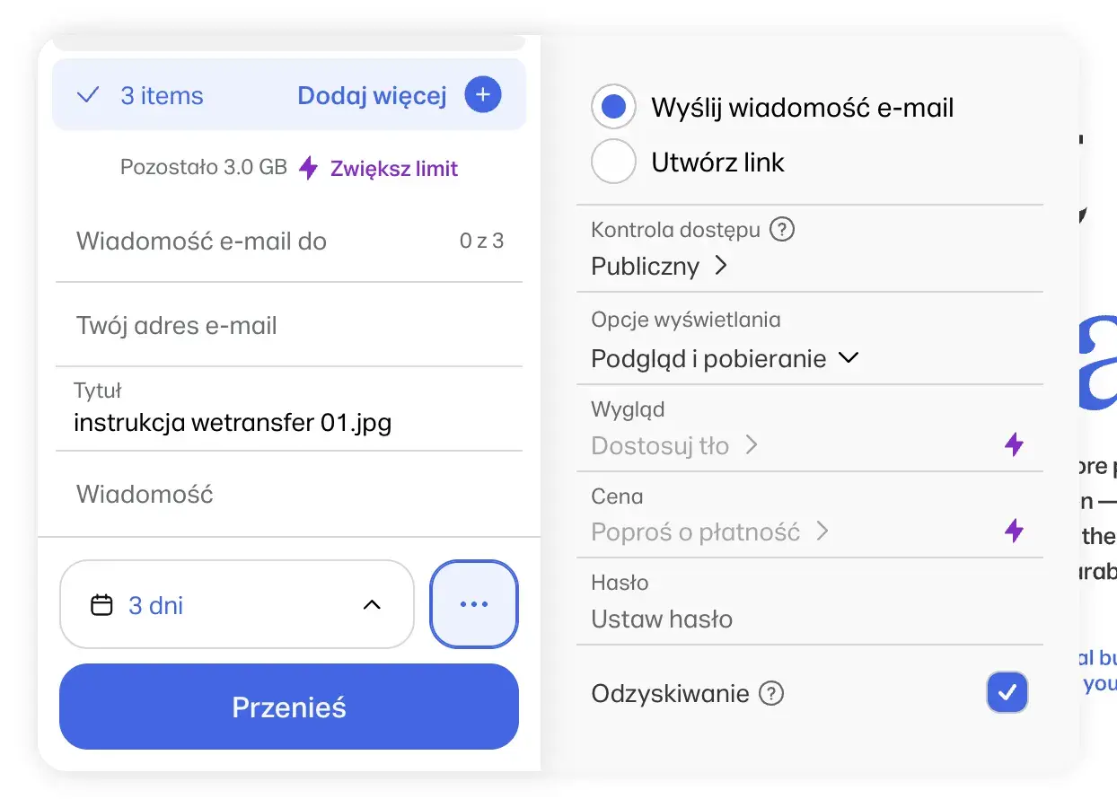 Interfejs usługi wetransfer co to jest? Wysyłanie plików, ustawianie tytułu "instrukcja wetransfer 01.jpg", wybór daty ważności i opcji wysyłki.