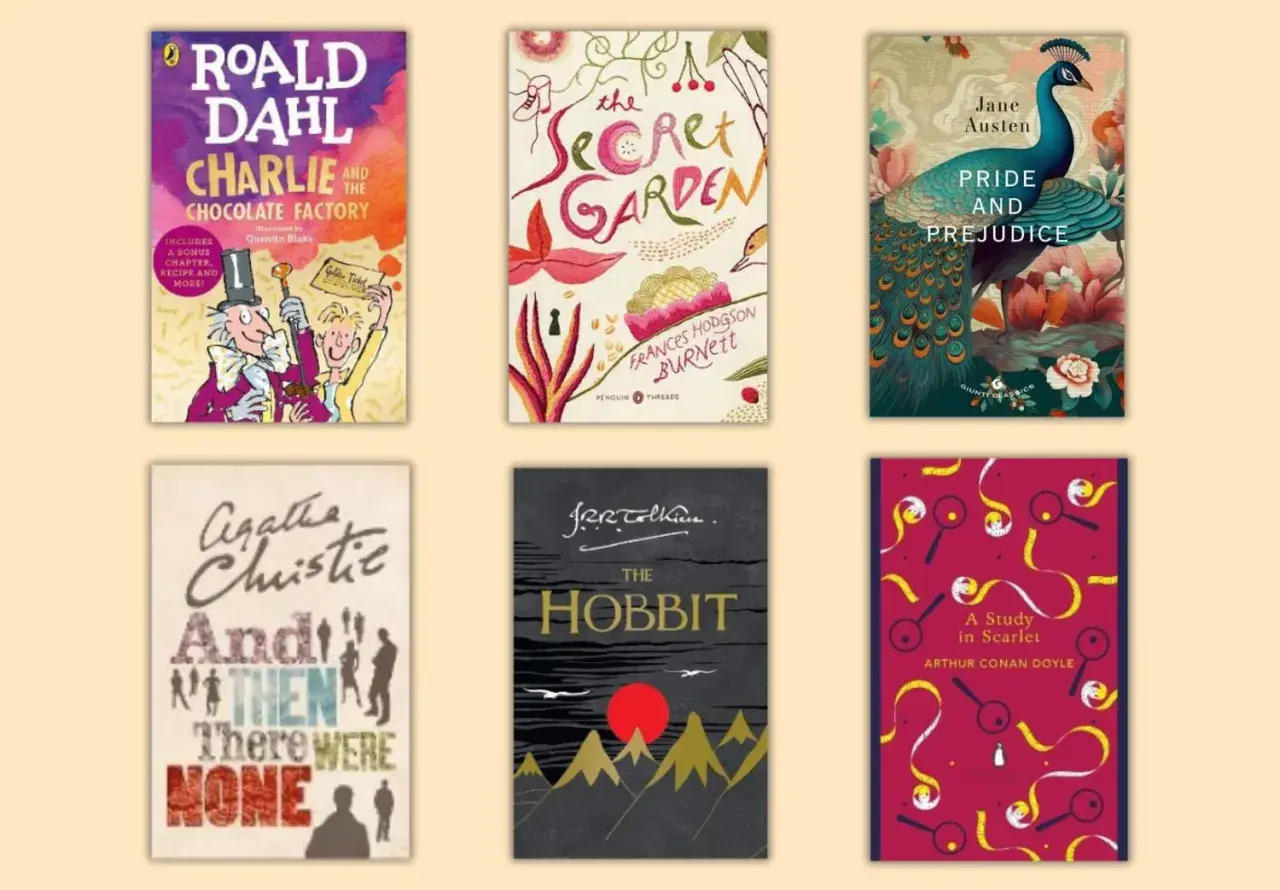Sei libri classici per chi ama leggere in inglese: Charlie e la fabbrica di cioccolato, Il giardino segreto, Orgoglio e pregiudizio, E poi non rimase nessuno, Lo Hobbit, Uno studio in rosso.