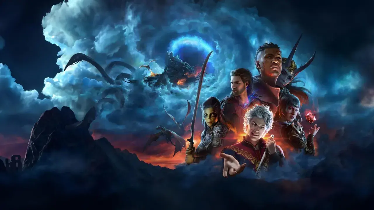 Postacie z Baldur's Gate 3 na tle burzowych chmur i potworów. Ten poradnik pomoże Ci w przygodzie.
