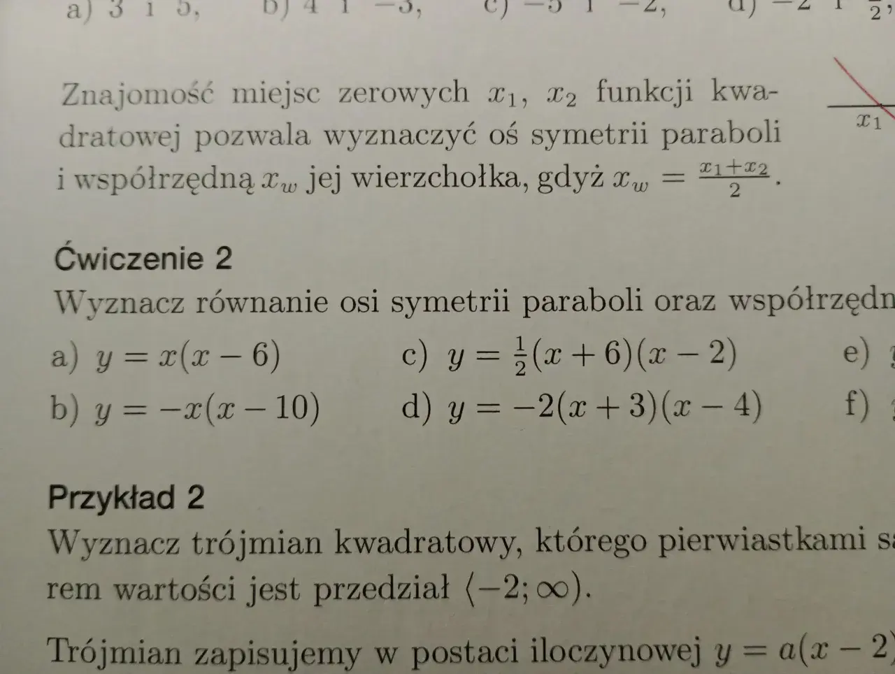 Fragment tekstu matematycznego z równaniami i wykresem paraboli.