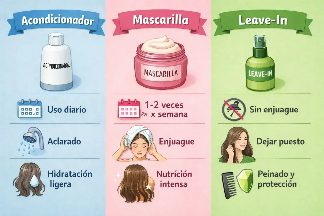 Diferencia entre mascarilla y acondicionador: el acondicionador es para uso diario y aclarado, la mascarilla para nutrición intensa 1-2 veces/semana.