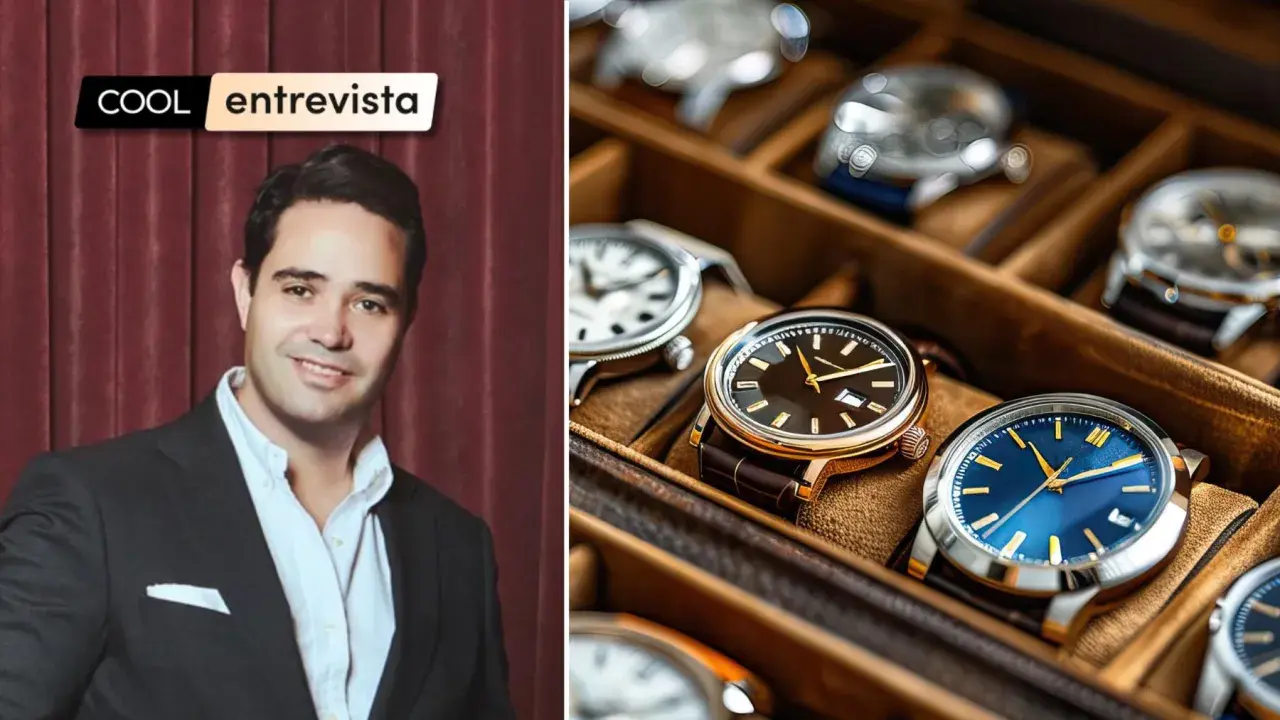 Entrevista sobre qué es el mercado gris, con un hombre en traje y una caja de relojes de lujo.