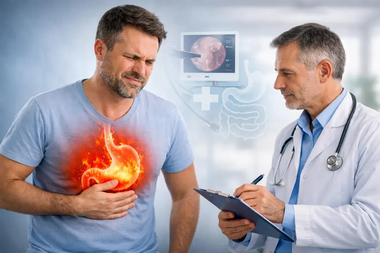 Uomo con bruciore di stomaco, medico che prende appunti. Illustrazione di stomaco in fiamme e sistema digestivo. Rimedi per l'acidità di stomaco.