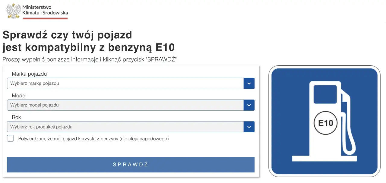 Strona Ministerstwa Klimatu i Środowiska pozwala sprawdzić kompatybilność pojazdu z benzyną E10. Widoczny symbol stacji paliw z napisem E10.