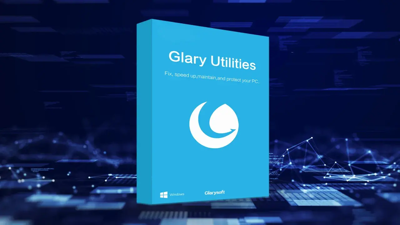 Glary Utilities: eine blaue Box mit dem Logo und dem Slogan "Fix, speed up, maintain, and protect your PC.