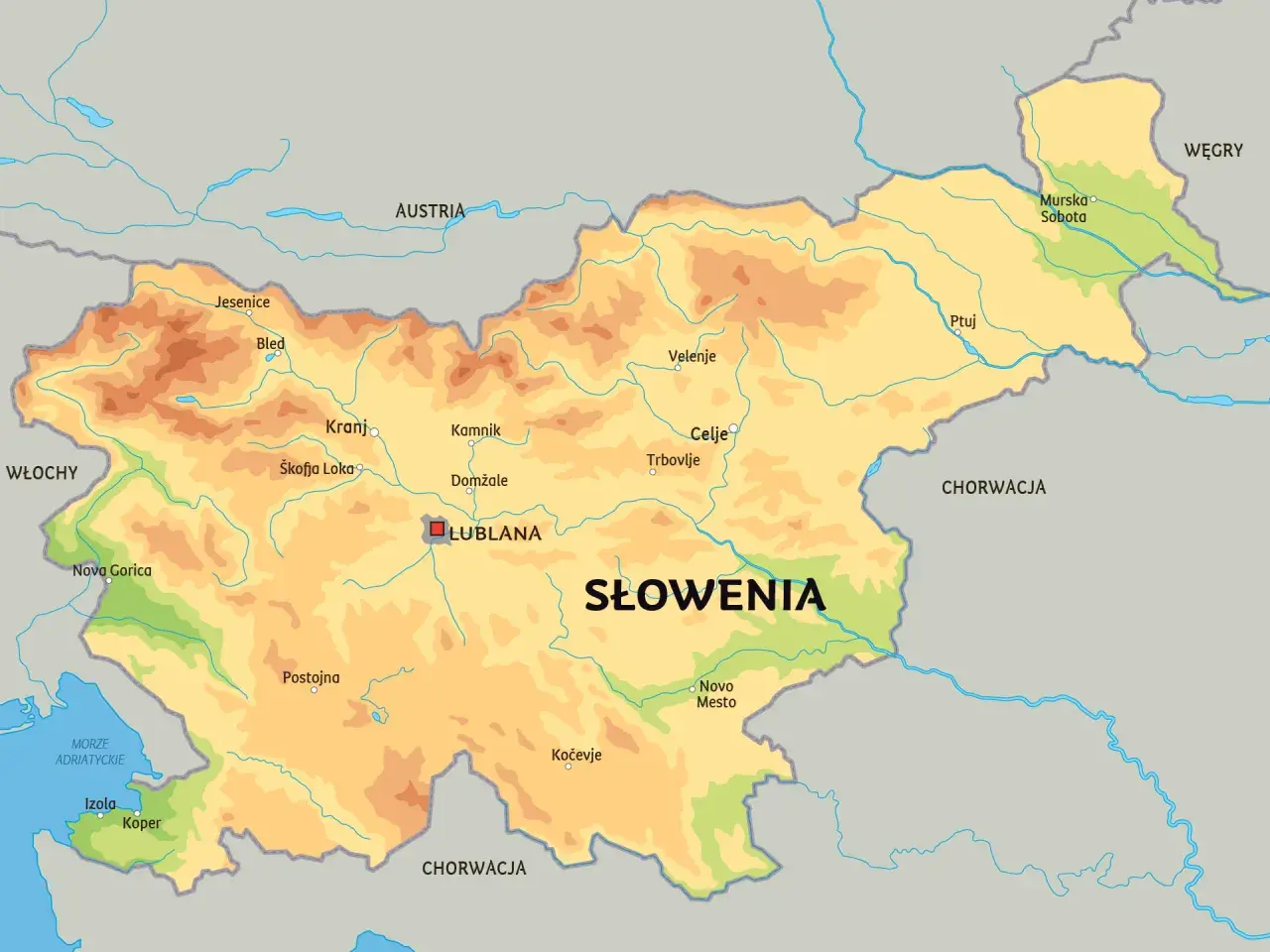 Mapa Słowenii, pokazująca jej położenie między Austrią, Włochami, Węgrami i Chorwacją, z zaznaczonymi miastami jak Lublana.