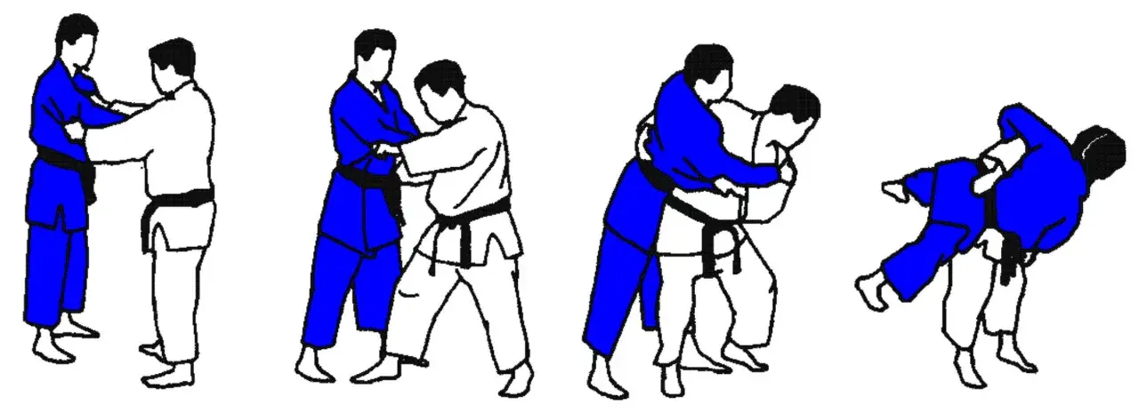 Ilustracje pokazują sekwencję rzutów judo. Jeden z zawodników ma żółty pas judo.