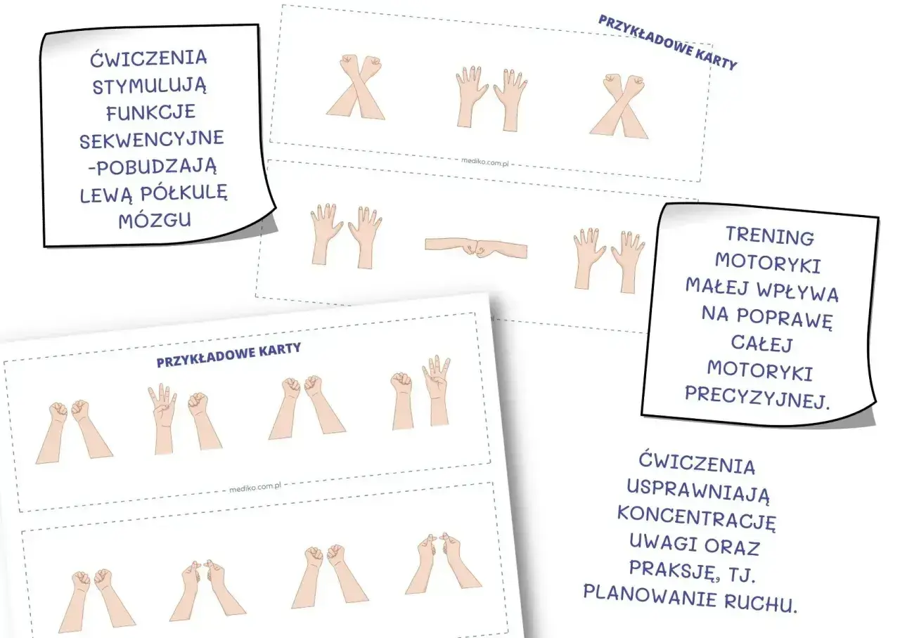 Karty z ćwiczeniami dłoni do treningu motoryki małej. Pomagają w usprawnianiu koncentracji i planowaniu ruchu.