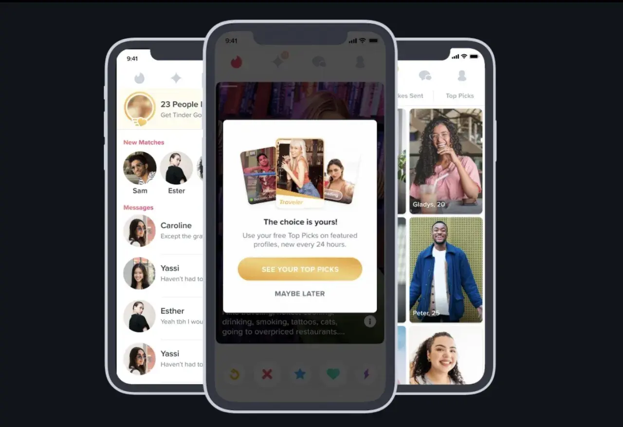 Ekran aplikacji randkowej, która wyjaśnia, co to jest Tinder i jak działają "Top Picks".