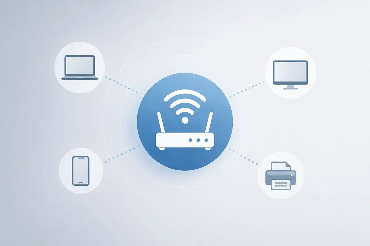Router centralny, od którego rozchodzą się połączenia do laptopa, telefonu, komputera i drukarki. Ilustracja przedstawia wyszukiwanie urządzeń w sieci.