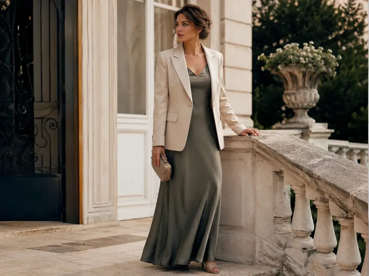 Une femme élégante porte un blazer crème sur une robe longue kaki, tenant une pochette dorée. Elle se tient sur un escalier en pierre devant une villa.