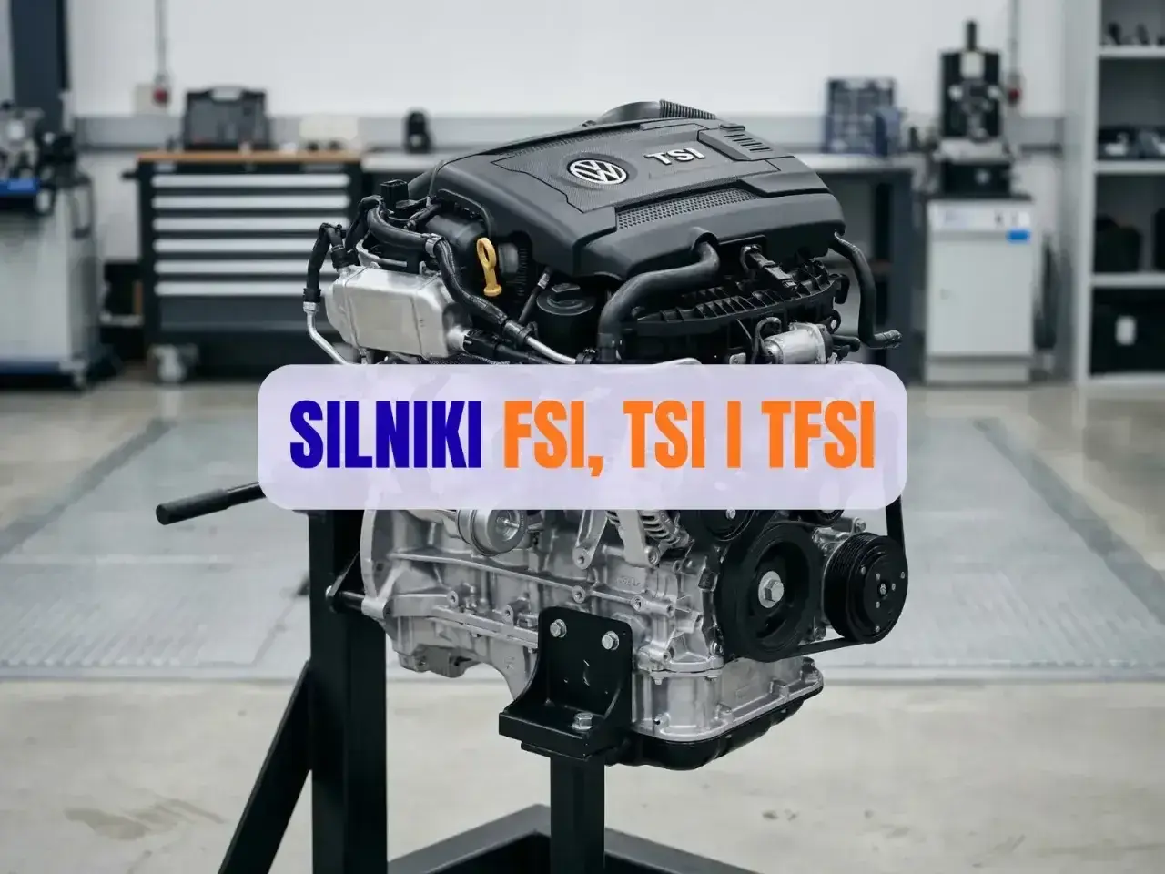 Silnik FSI, TSI i TFSI Volkswagena na stojaku w warsztacie.