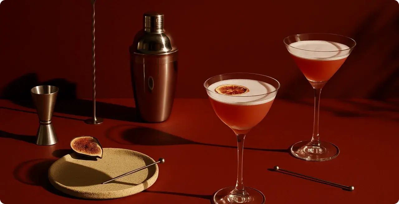 Elegancki drink z brandy, ozdobiony plasterkiem suszonej pomarańczy, obok shakera i figi.