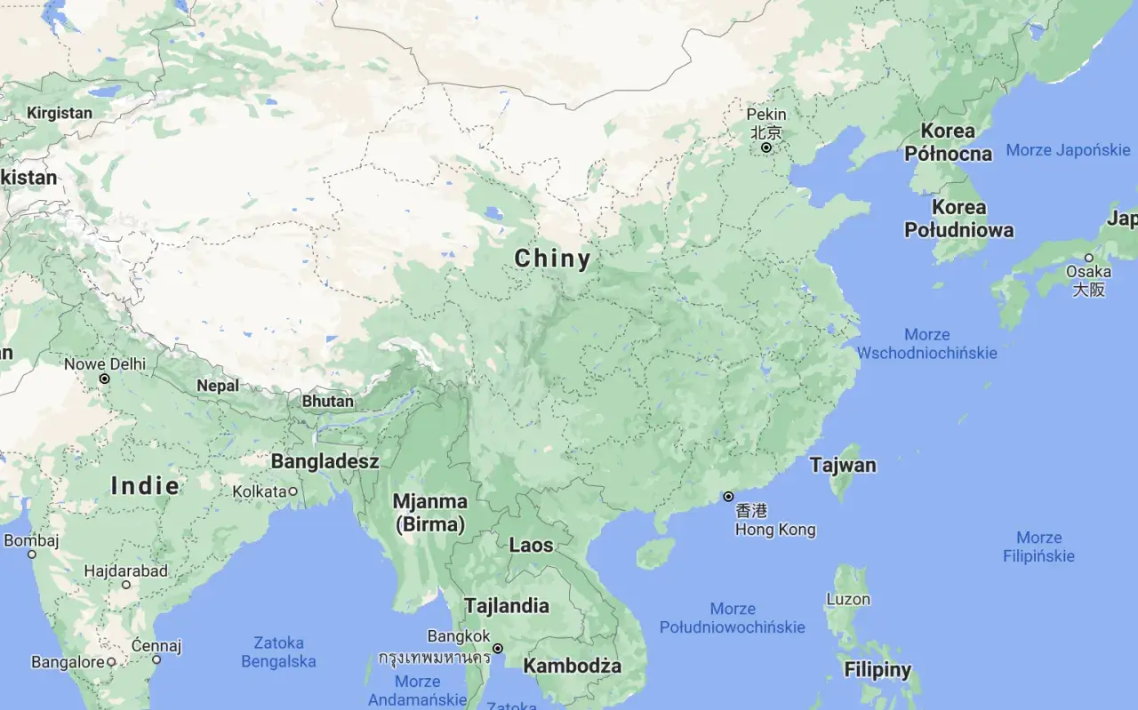 Mapa Azji Wschodniej. Widać Chiny, Indie, Tajlandię, Wietnam, Koreę Północną i Południową, Japonię, Filipiny. Sąsiedzi Chin to m.in. Indie, Nepal, Bhutan, Mjanma, Laos, Wietnam, Rosja, Kazachstan, Kirgistan, Tadżykistan, Afganistan, Pakistan, Iran, Tur...