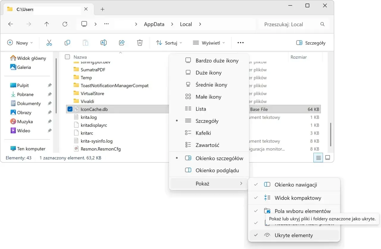 W Eksploratorze plików Windows, menu "Wyświetl" pokazuje opcje widoku. Wybrano "Szczegóły", a podmenu "Pokaż" zawiera opcje takie jak "Okienko nawigacji". Żądane zasoby są w użyciu.