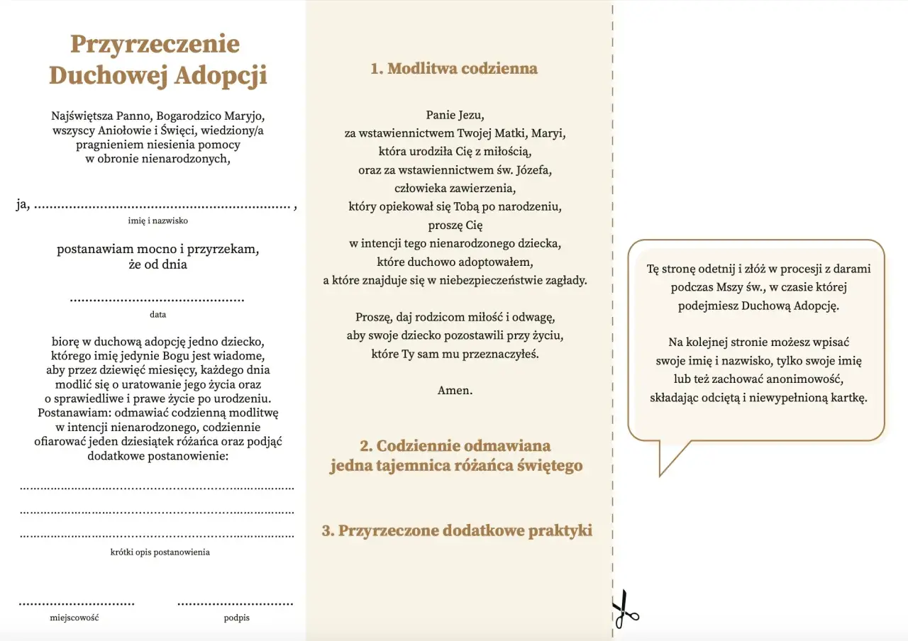 Formularz przyrzeczenia duchowej adopcji dziecka poczętego. Zawiera modlitwę, miejsce na dane i dodatkowe postanowienia.
