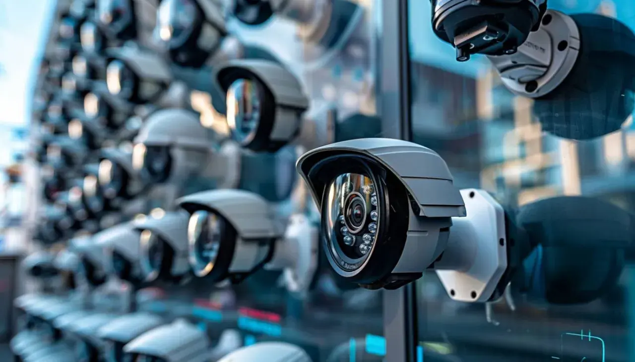 Une rangée de caméras de surveillance, certaines avec des LED pour la vision nuit, surveillent les environs.