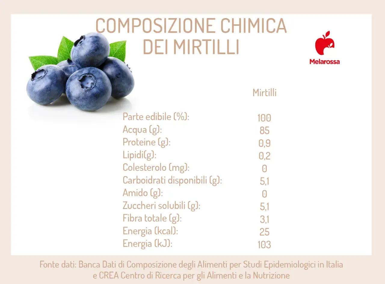 Mirtilli freschi e foglie verdi, con tabella nutrizionale che evidenzia i mirtilli benefici per la salute.