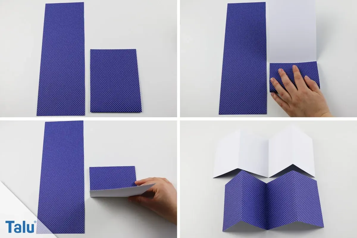 Schritt-für-Schritt-Anleitung, wie man eine Klappkarte basteln kann. Papier wird gefaltet und zusammengeklebt.