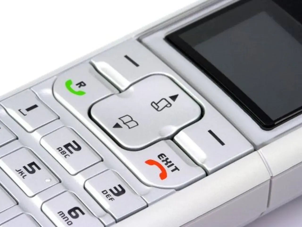 Telefon z klawiaturą numeryczną i przyciskiem "EXIT". Możesz nagrać wiadomość na poczta głosowa play.