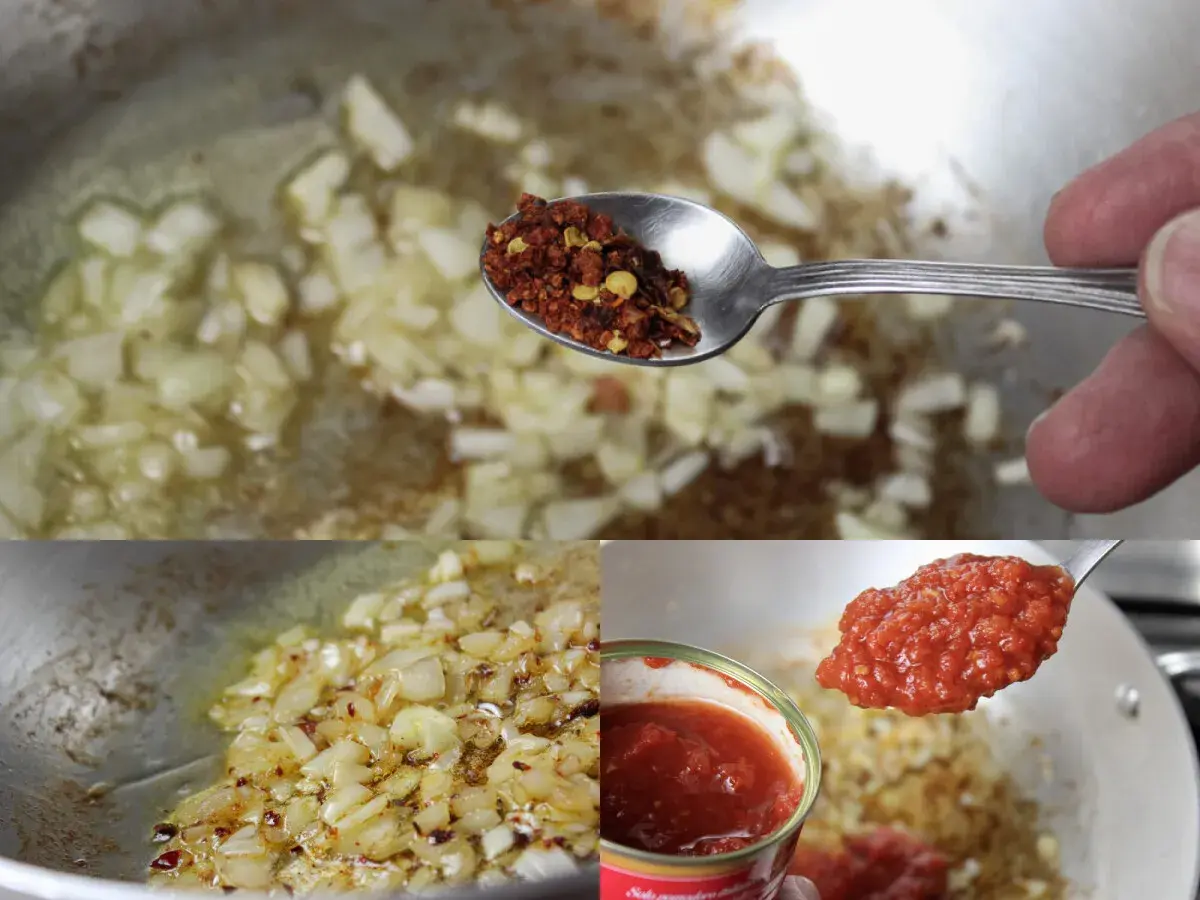 Przygotowanie sosu do **pasta amatriciana**: podsmażana cebula, płatki chili i pomidory z puszki.