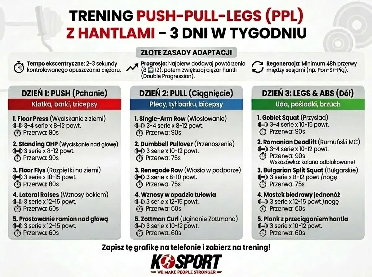 Plan treningowy PUSH PULL LEGS z hantlami na 3 dni. Dzień 1: PUSH (klatka, barki, tricepsy), Dzień 2: PULL (plecy, tył barku, bicepsy), Dzień 3: LEGS & ABS (uda, pośladki, brzuch).