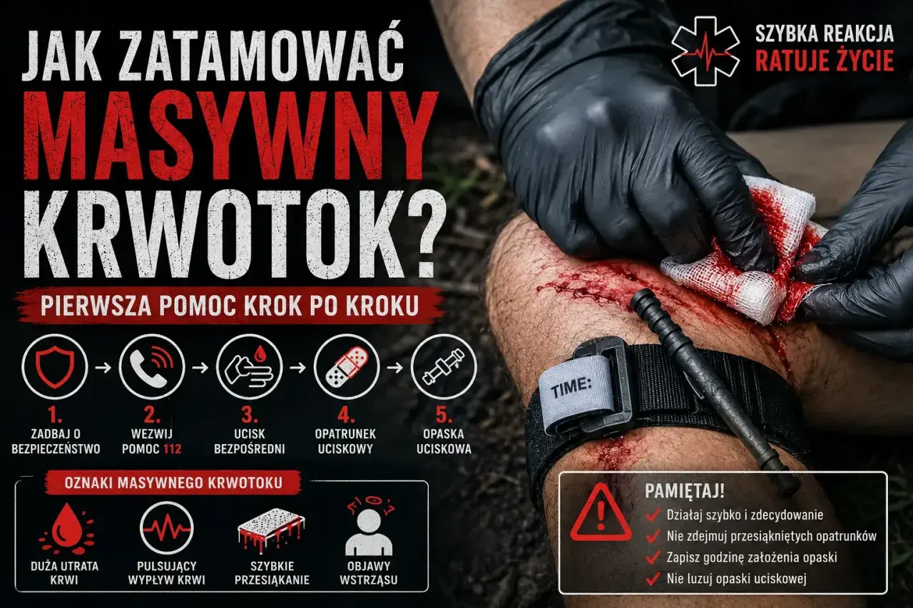 Instrukcja tamowania krwotoku tętniczego: zadbaj o bezpieczeństwo, wezwij pomoc, ucisk bezpośredni, opatrunek uciskowy, opaska uciskowa. Szybka reakcja ratuje życie.