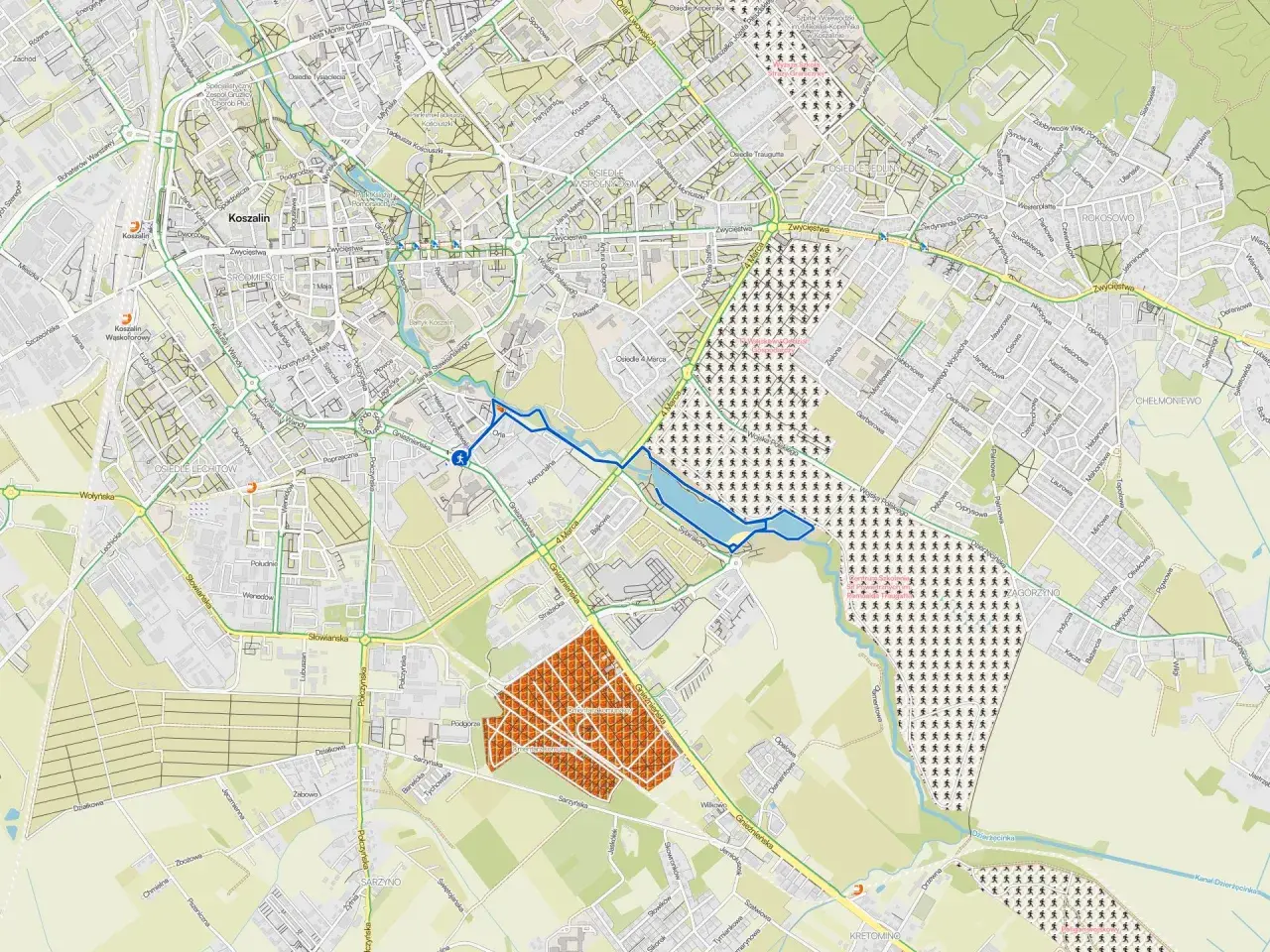 Mapa Koszalina z zaznaczonym osiedlem Gnieźnieńska. Widoczne ulice, parki i budynki.