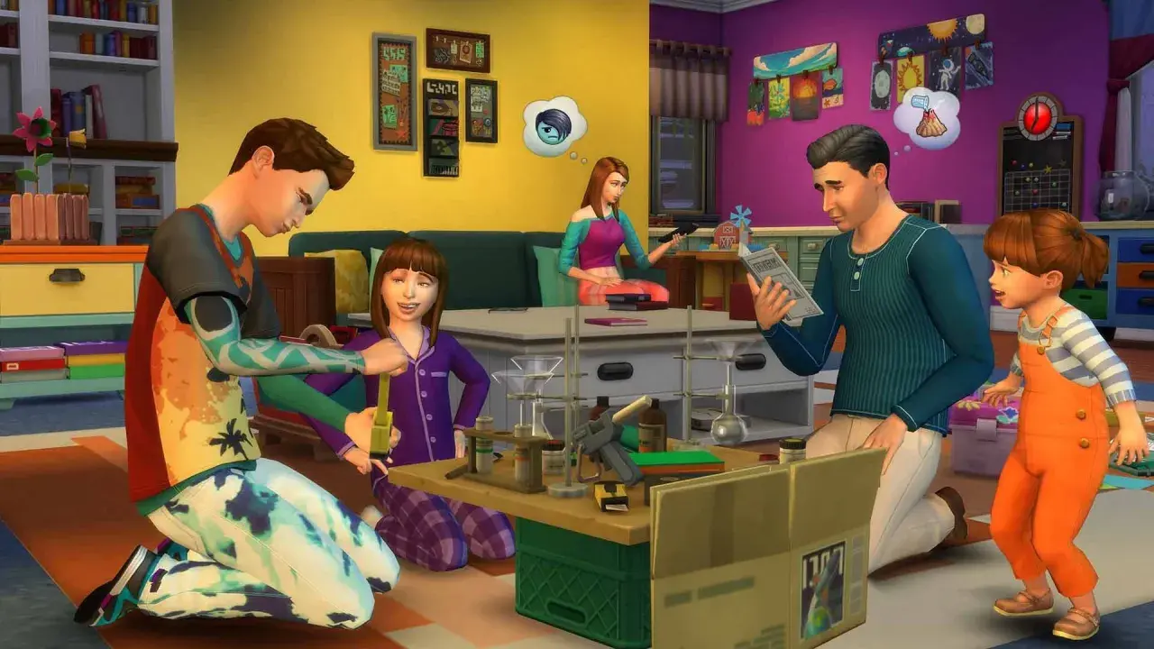 Rodzina w The Sims 4 buduje relacje podczas wspólnych eksperymentów.