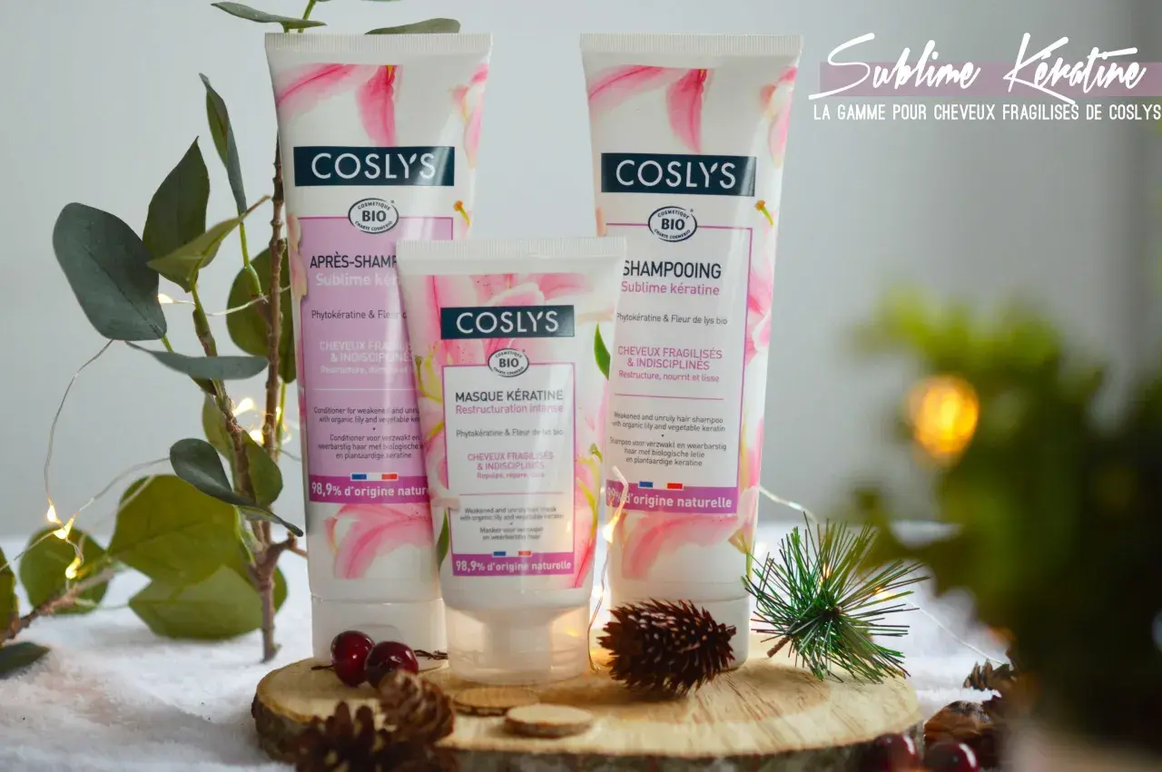 Gamme Coslys Sublime Kératine : après-shampoing, masque et shampoing pour cheveux fragiles. Soin à la kératine et fleur de lys bio.