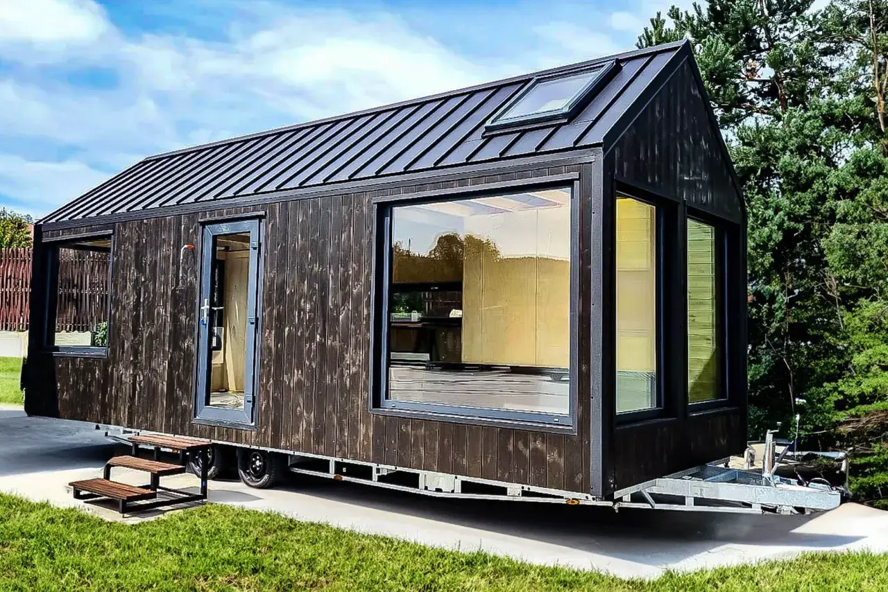 Nowoczesny tiny house w Polsce, z ciemną drewnianą elewacją i dużymi oknami, gotowy na przygodę.