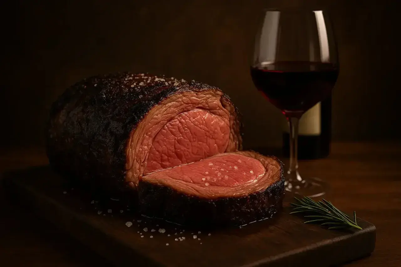 Un rôti de viande rouge juteux, parfaitement assaisonné, accompagné d'un verre de vin rouge. Un délice pour les sens.