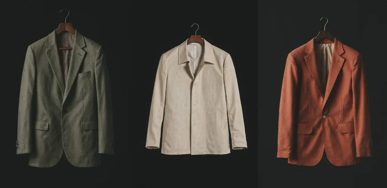 Drei Sakkos in Olivgrün, Beige und Rostrot hängen an Kleiderbügeln. Sie repräsentieren die **slow fashion definition**: zeitlose Designs, hochwertige Materialien und Langlebigkeit.