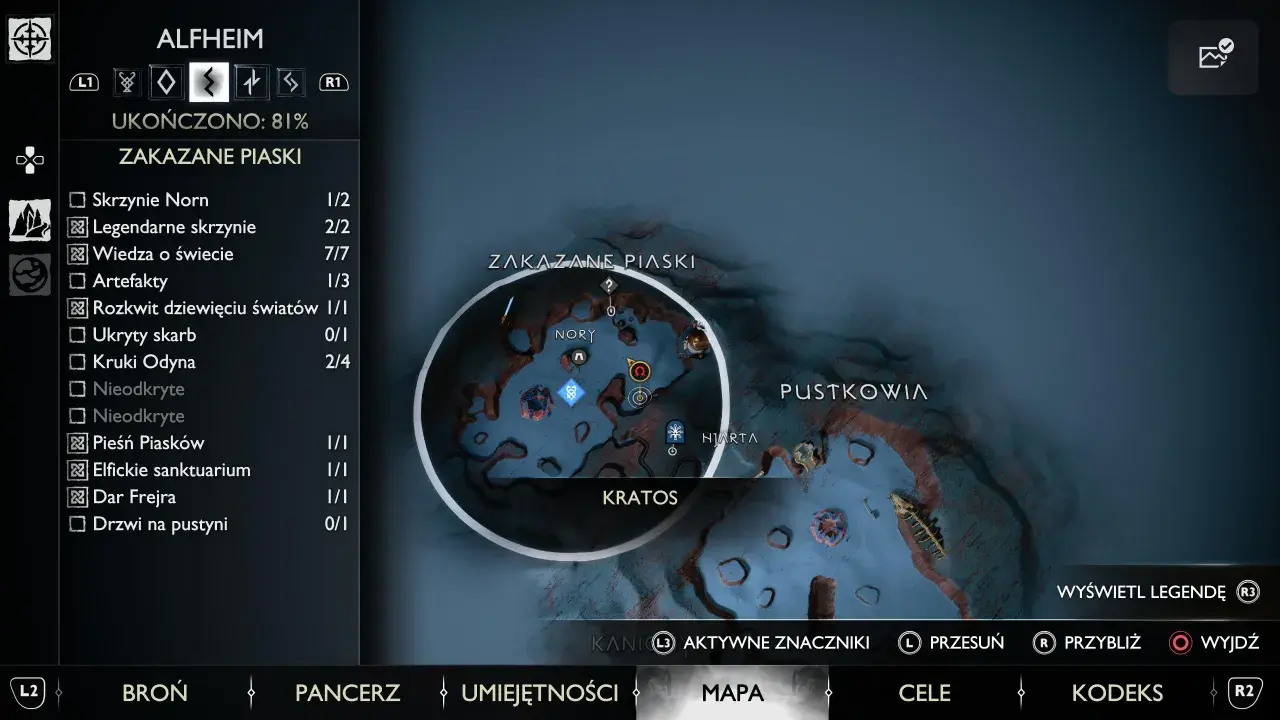 Mapa Alfheimu, obszar Zakazane Piaski. Kratos szuka kruków Odyna, pozostały 2 z 4.