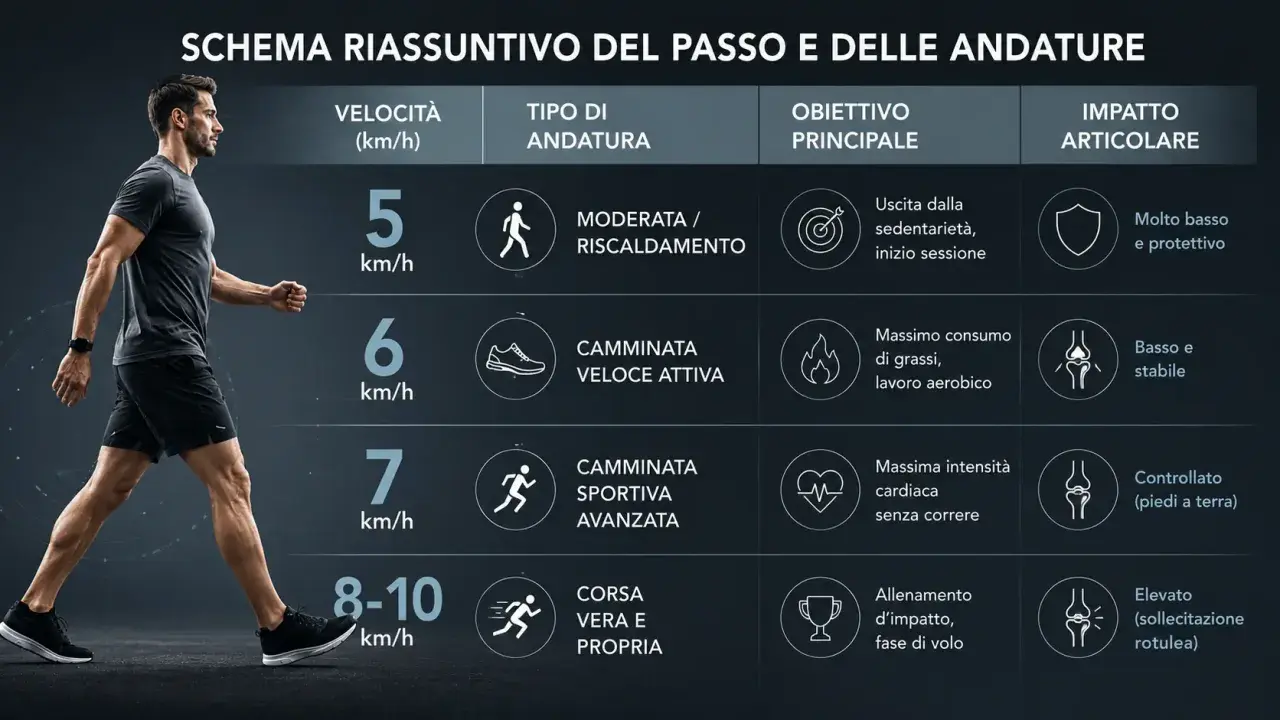 Schema passo e andature: camminata sportiva a 7 km/h, intensità cardiaca senza correre, impatto controllato.