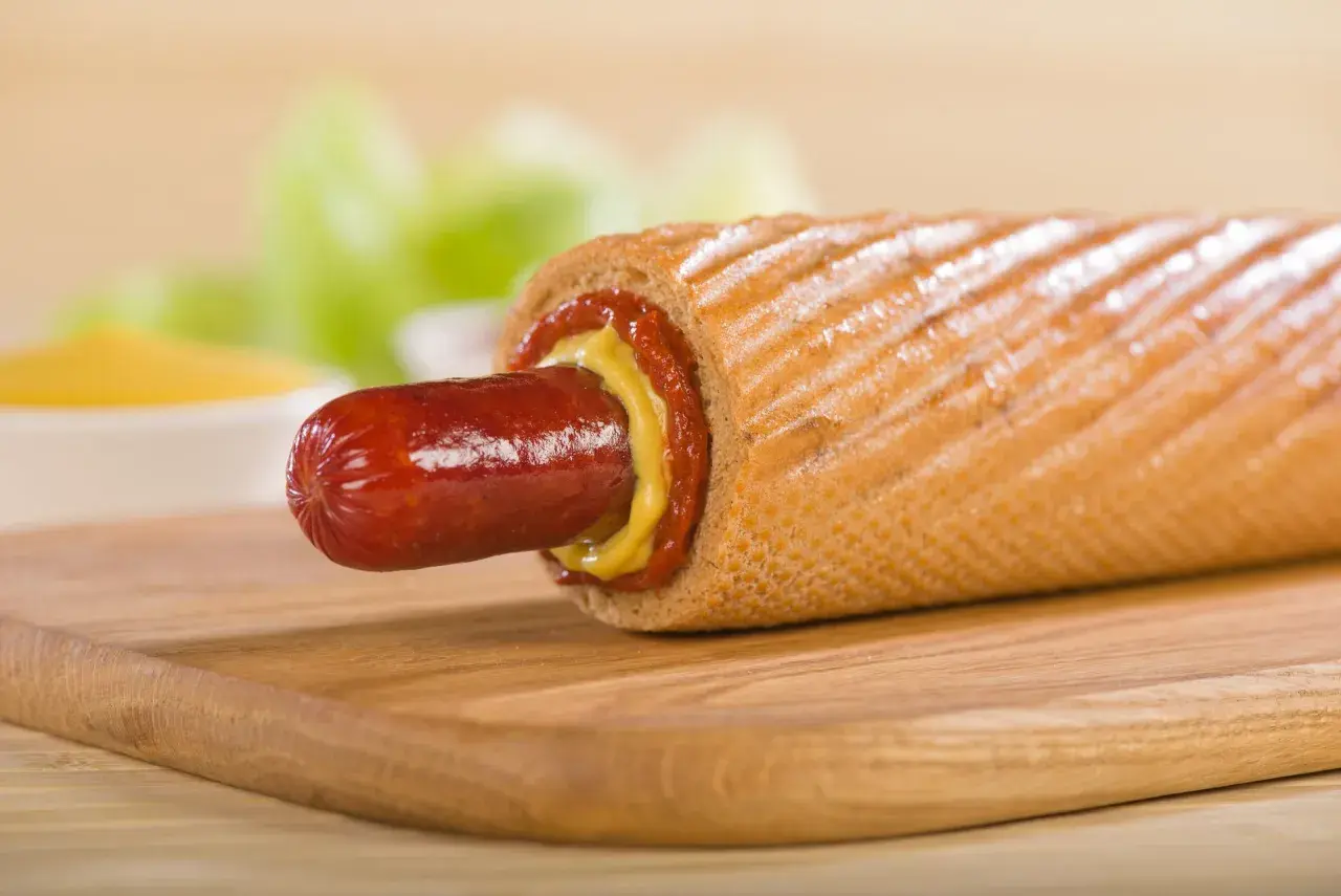 Pyszny hot dog francuski z musztardą i ketchupem na desce.